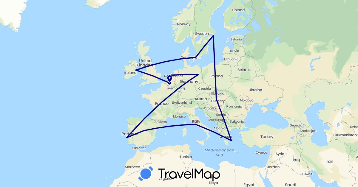 TravelMap itinerary: driving in Belgium, Germany, Denmark, Spain, Greece, Hungary, Ireland, Italy, Netherlands, Portugal, Sweden (Europe)